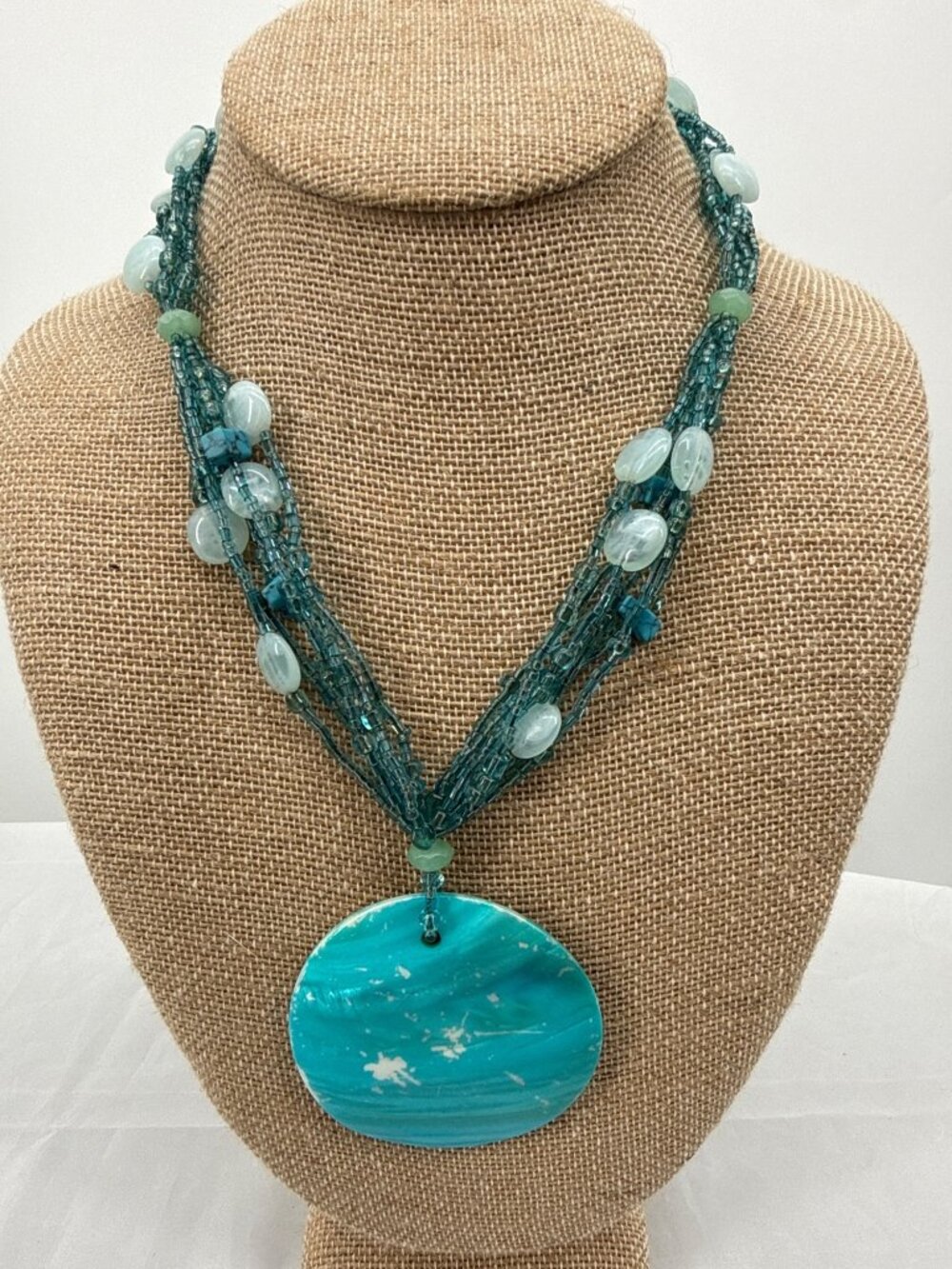 Vintage Turquoise Multi Strand Beaded Statement Necklace Large Shell Disc Pendan